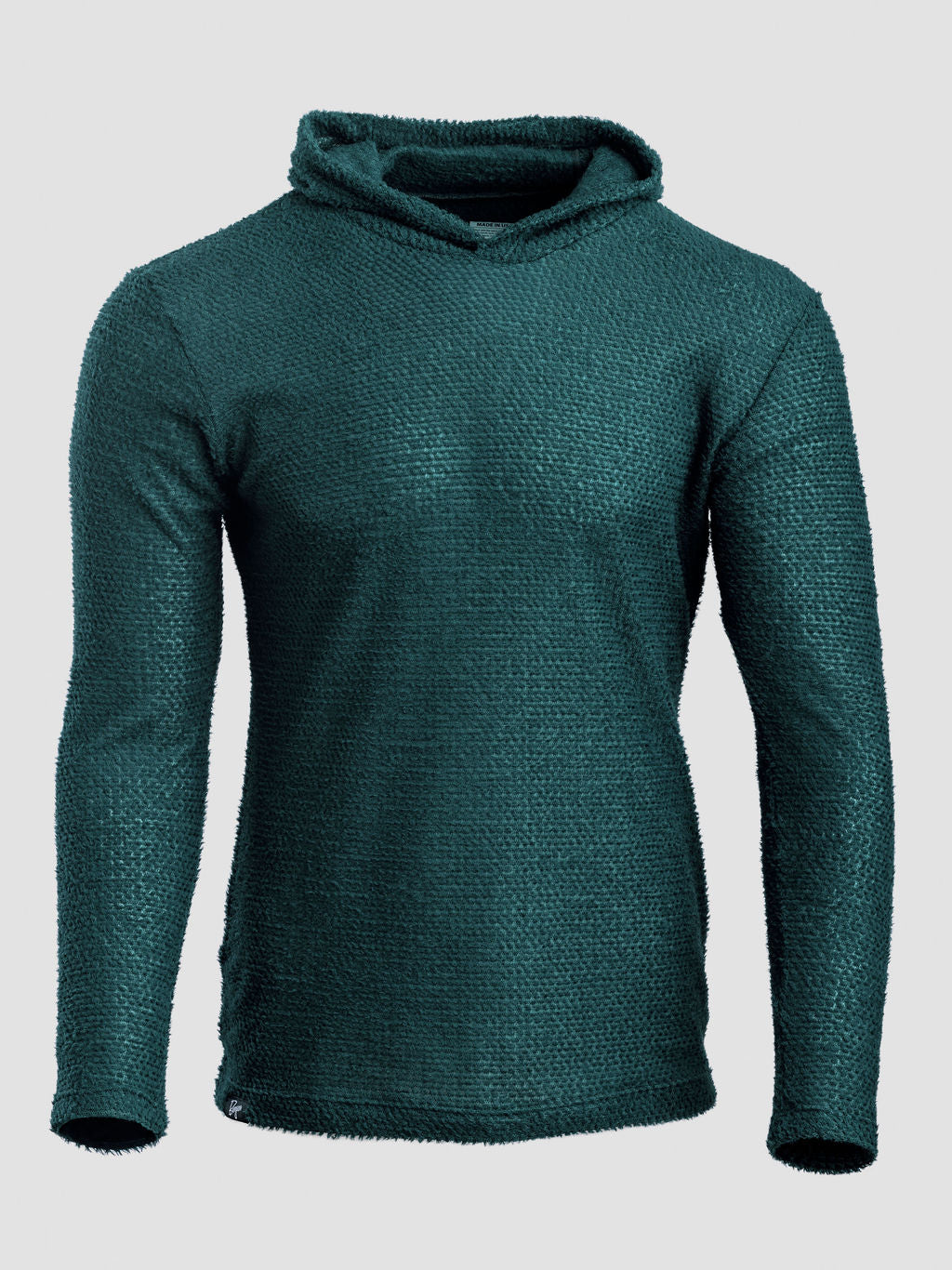 A dark green Alpha 90 hoodie, shown on a neutral light gray background.