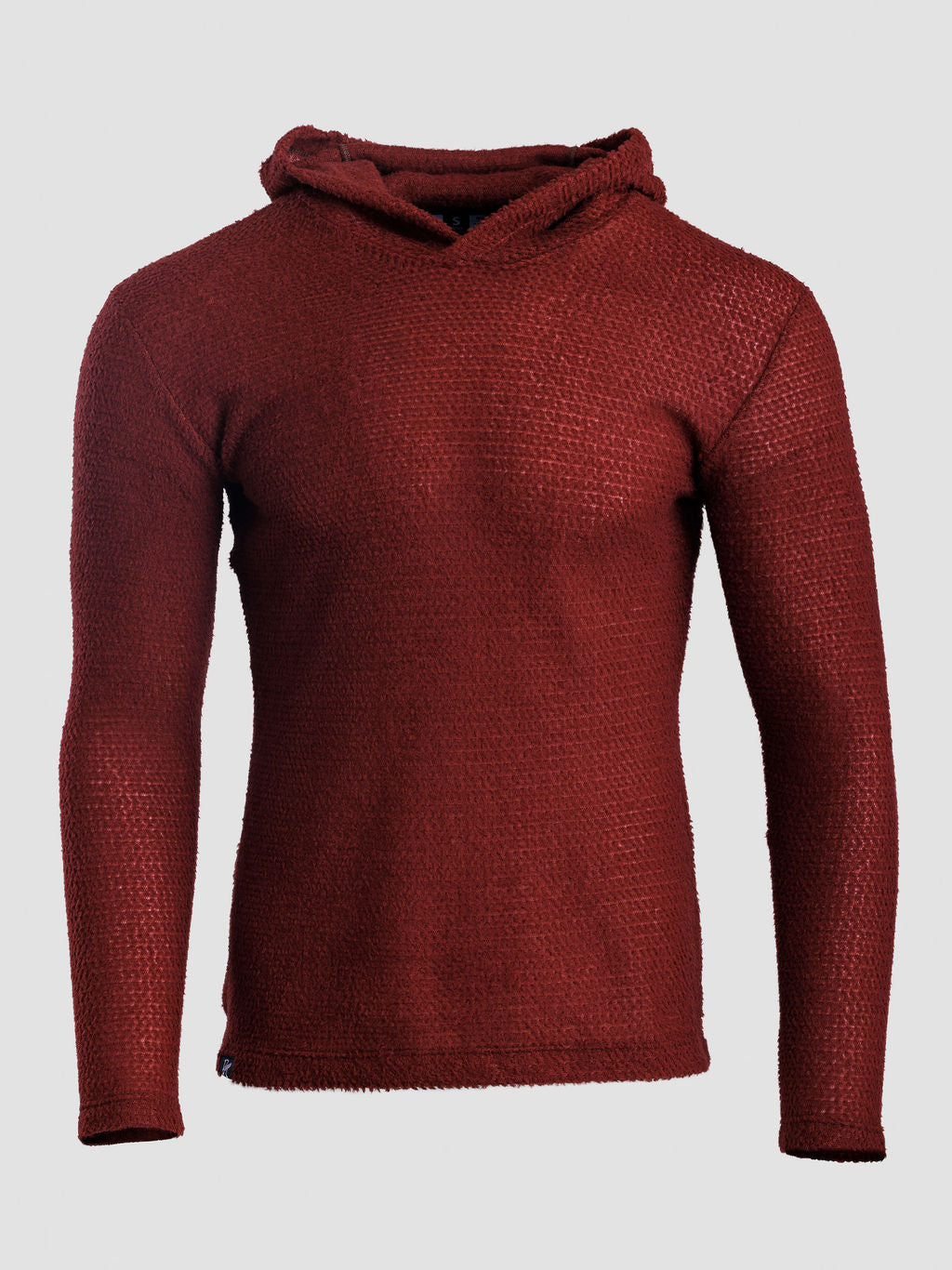 A textured Alpha 90 hoodie in a deep burgundy red, displayed on an invisible mannequin against a light gray background.