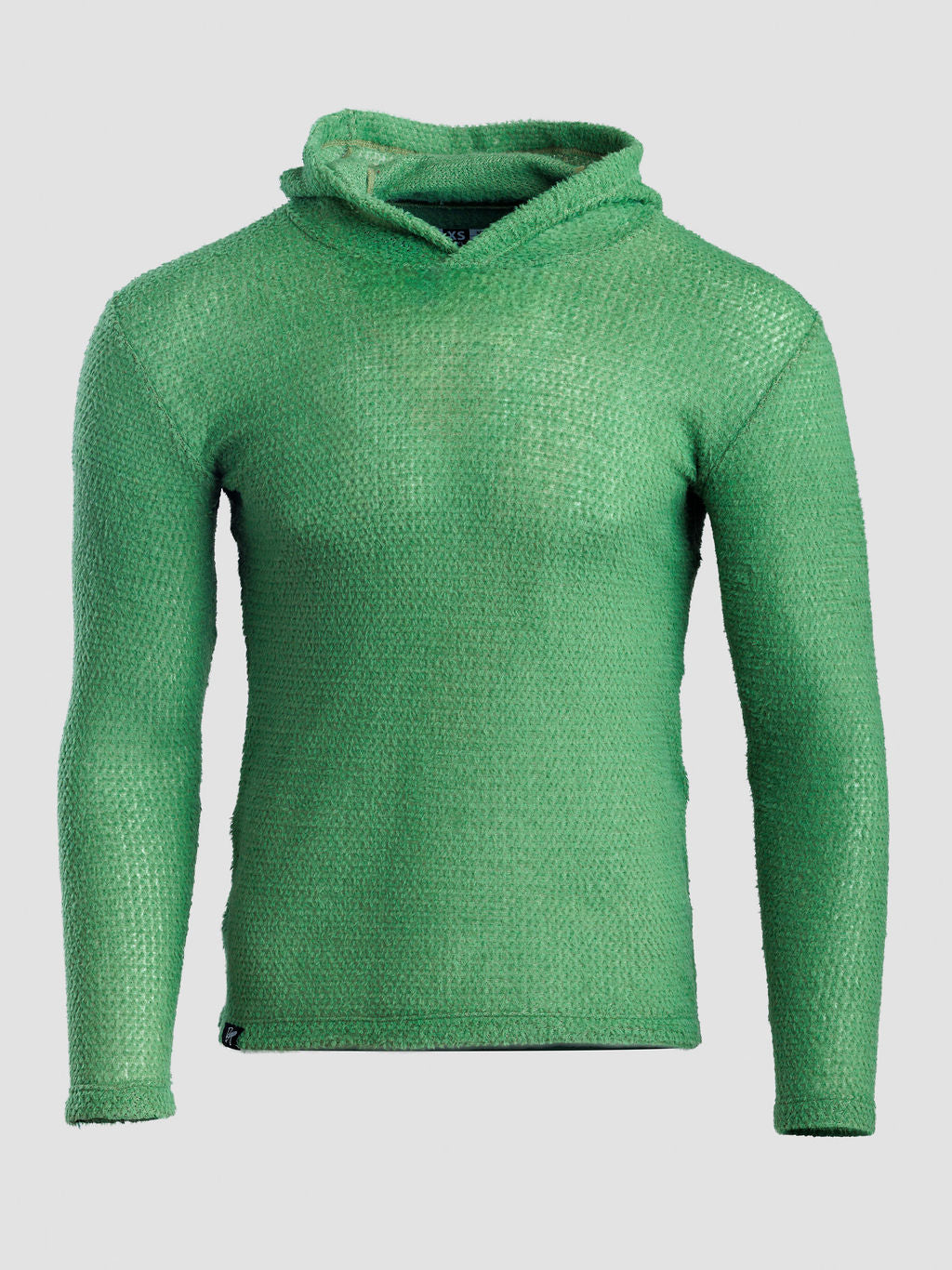 A bright green textured Alpha 90 hoodie displayed on a neutral light gray background.