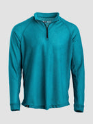 A teal quarter-zip Polartec Alpha Direct Hoodie with a black zipper and a small Burgeon logo on the bottom hem, displayed against a light gray background.