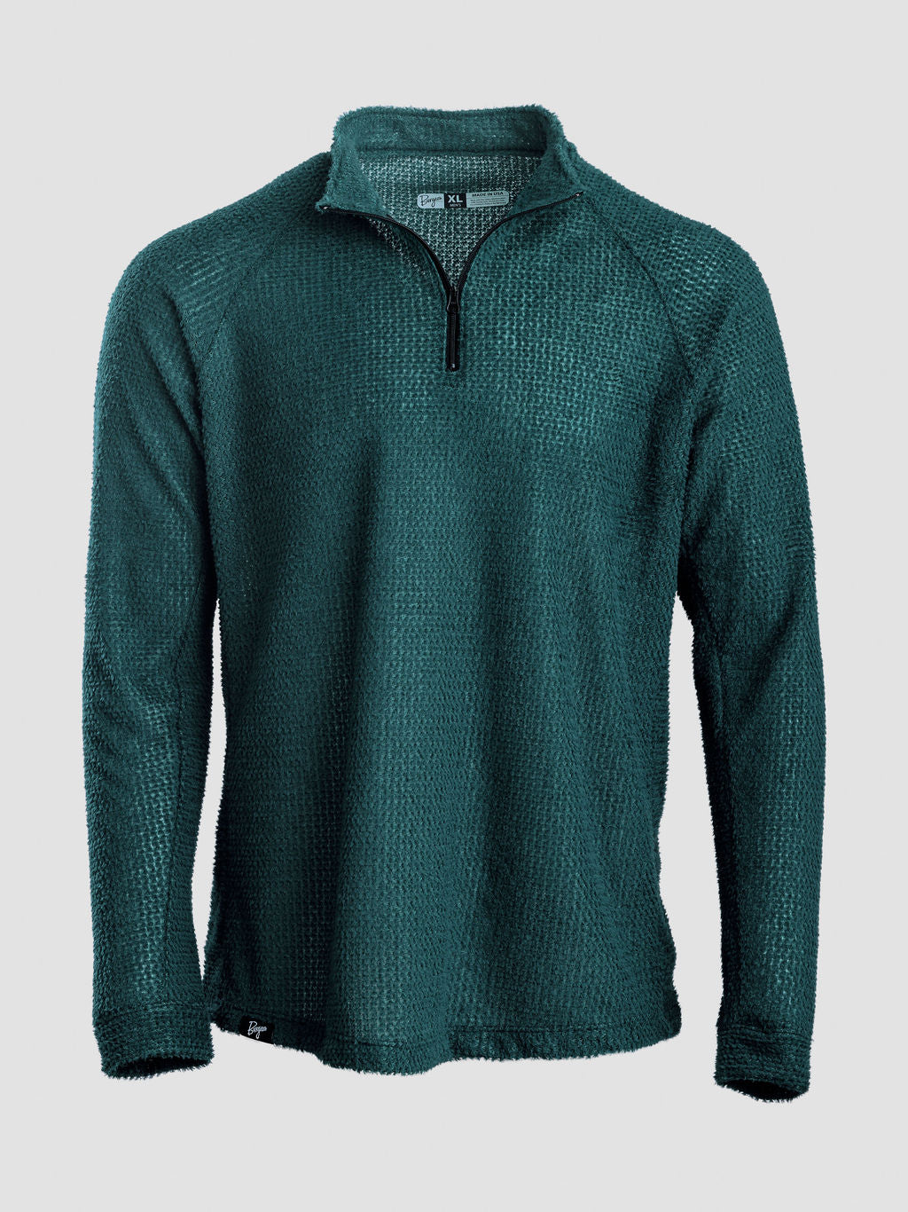 A dark teal textured quarter-zip Polartec Alpha Direct Hoodie on a light gray background.