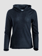 A dark navy blue Alpha 90 hoodie, displayed on a neutral light gray background.