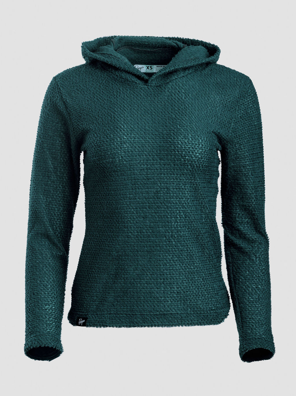 A dark teal Alpha 90 hoodie on a ghost mannequin against a light gray background.