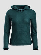 A dark teal Alpha 90 hoodie on a ghost mannequin against a light gray background.