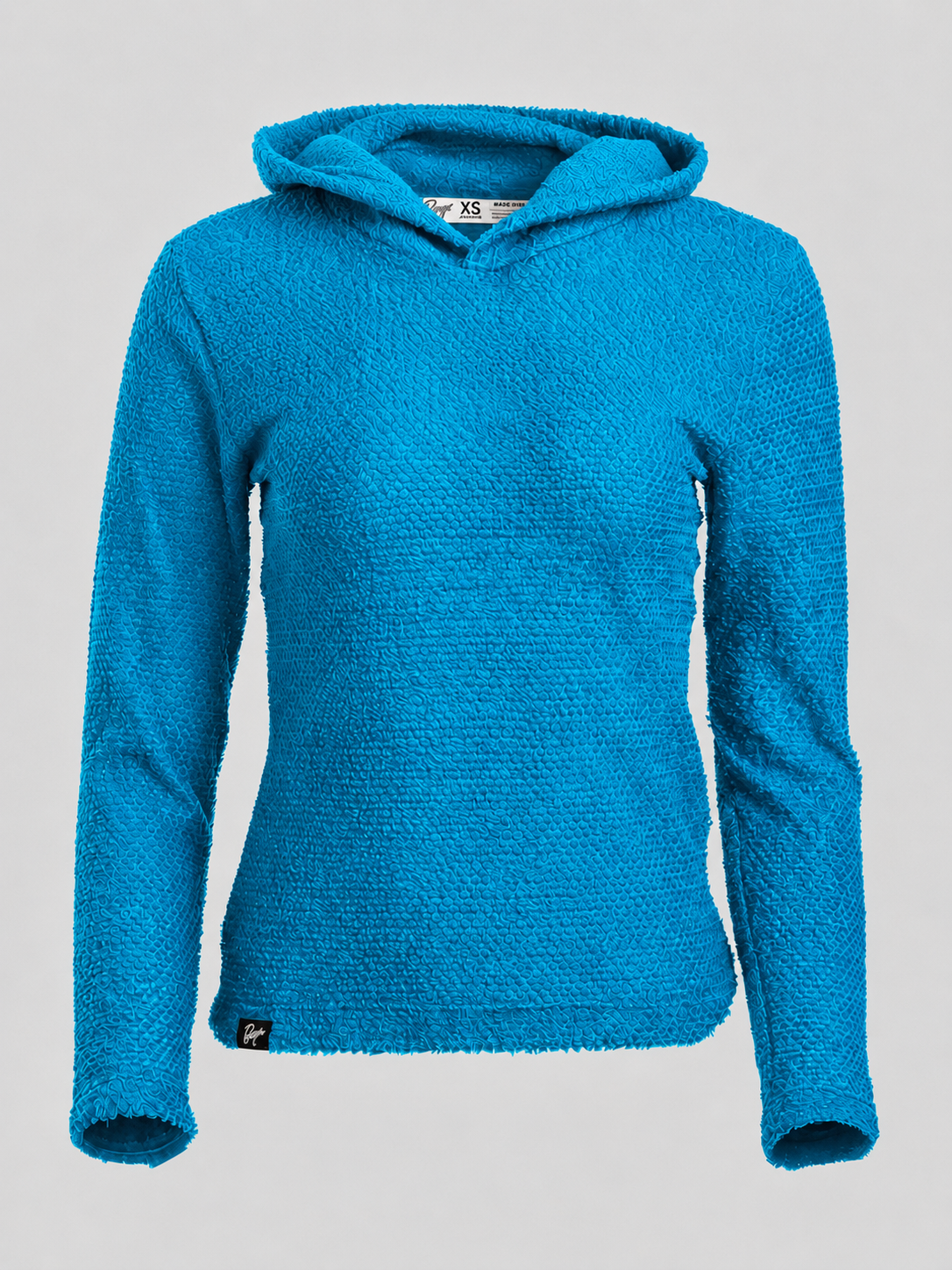A bright turquoise blue Alpha Direct 90 Hoodie shown against a neutral light gray background.