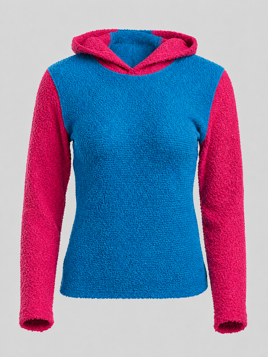 A women's sherpa fleece hooded sweater with a bright blue body and contrasting hot pink sleeves and hood lining, shown against a neutral light gray background.
