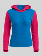 A women's sherpa fleece hooded sweater with a bright blue body and contrasting hot pink sleeves and hood lining, shown against a neutral light gray background.