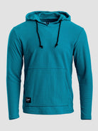 A teal Highlander hoodie with black drawstrings and a front kangaroo pocket, shown against a light gray background.