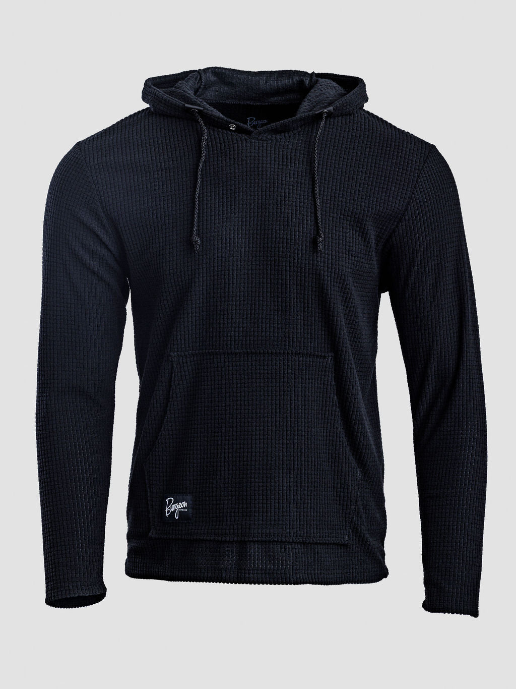 A black Highlander hoodie with a drawstring hood and kangaroo pocket, shown against a light gray background.