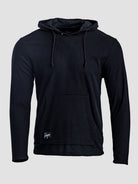 A black Highlander hoodie with a drawstring hood and kangaroo pocket, shown against a light gray background.
