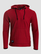 A red Highlander hoodie with black drawstrings and a small black brand patch near the bottom left hem, shown against a light gray background.