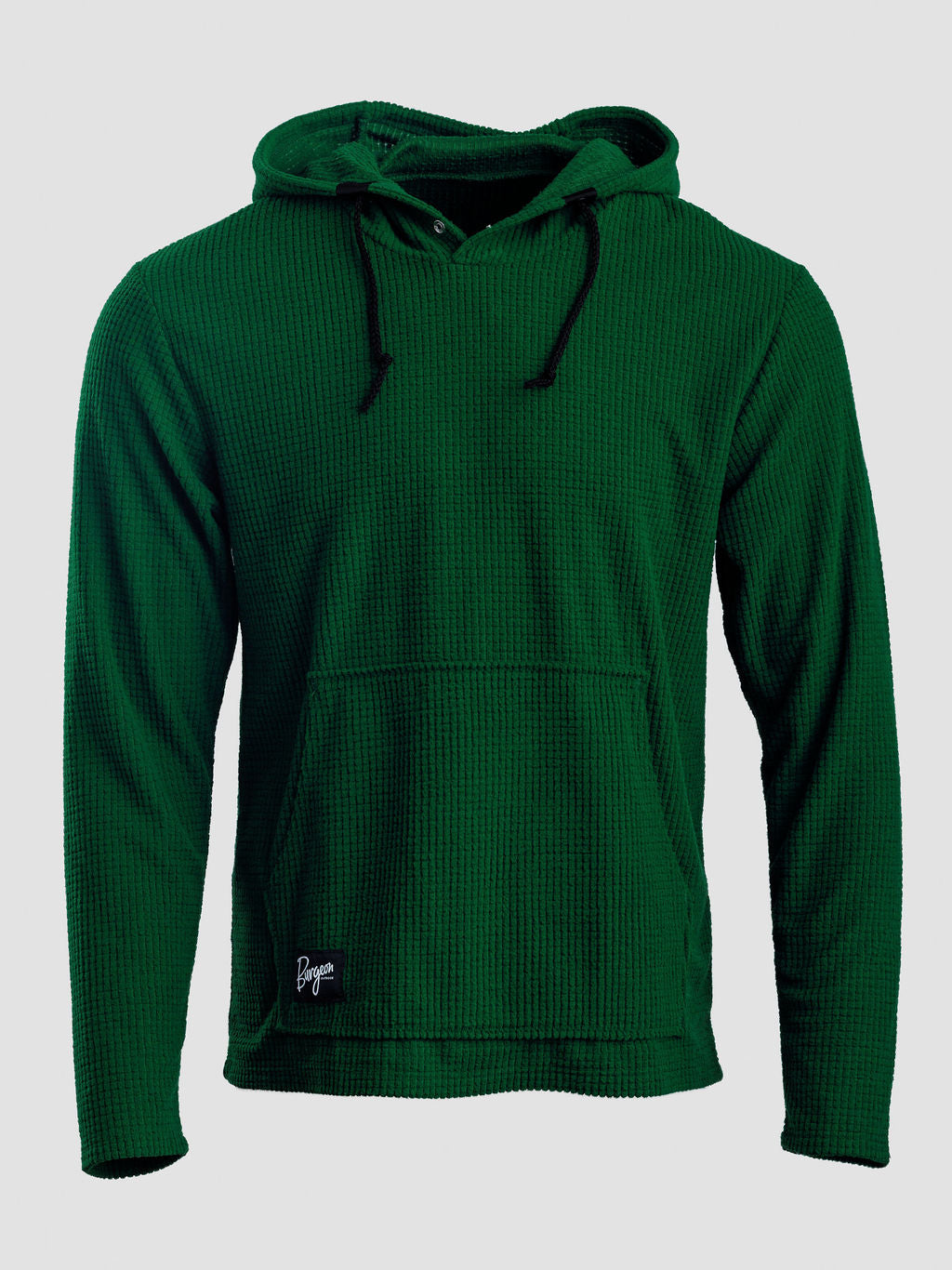 A dark green Highlander hoodie with black drawstrings and a small white embroidered logo on the lower left hem, displayed against a solid light gray background.