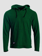 A dark green Highlander hoodie with black drawstrings and a small white embroidered logo on the lower left hem, displayed against a solid light gray background.