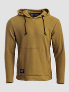 A mustard yellow Highlander hoodie with black drawstrings and a front kangaroo pocket, shown on a light gray background.