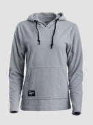 A light gray Highlander Hoodie with black drawstrings and a small black brand patch on the front pocket, shown against a light gray background.