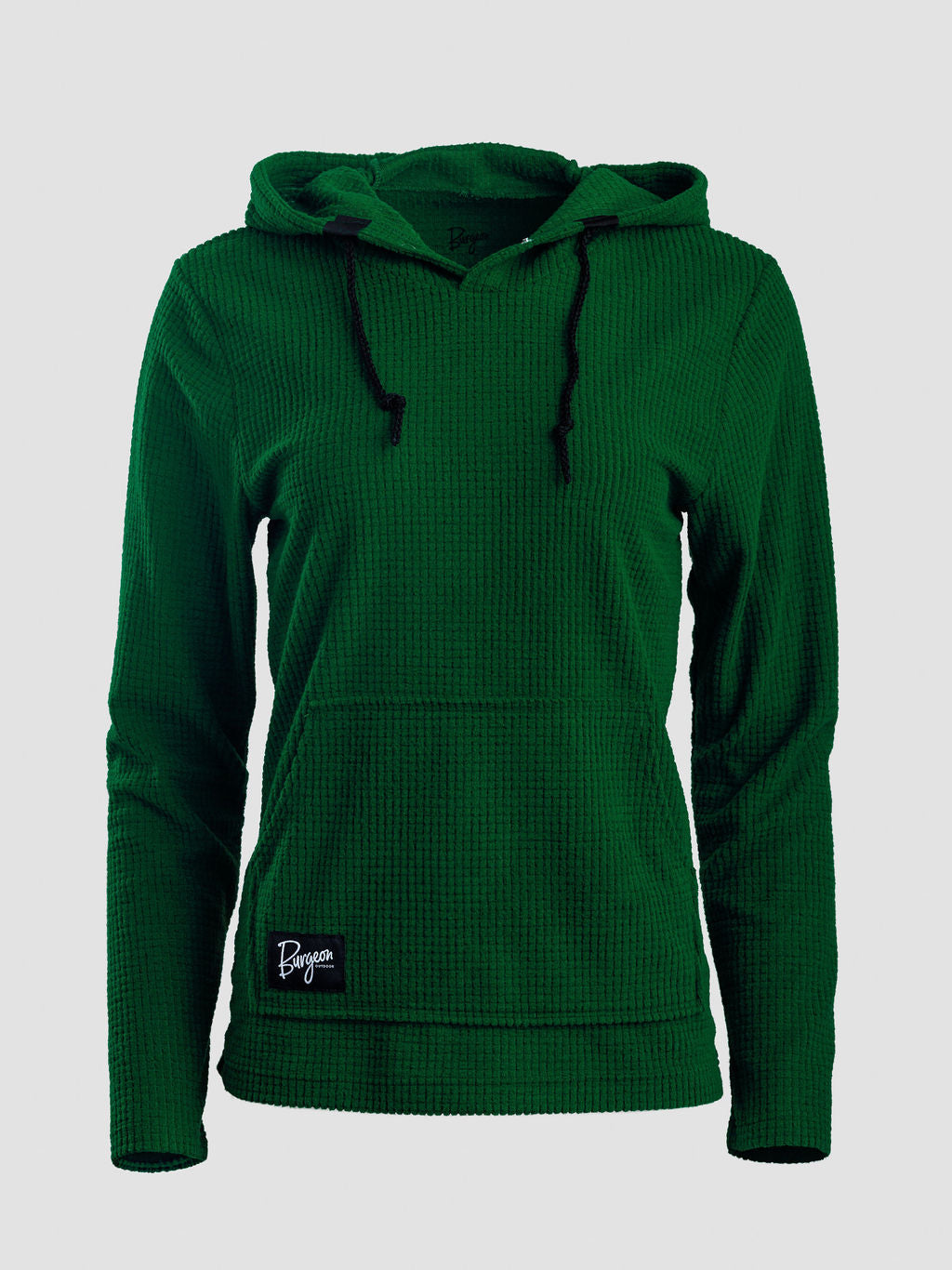 A dark green Highlander Hoodie with black drawstrings and a small white embroidered logo on the lower left front, displayed on a neutral light gray background.