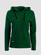 A dark green Highlander Hoodie with black drawstrings and a small white embroidered logo on the lower left front, displayed on a neutral light gray background.