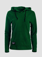 A dark green Highlander Hoodie with black drawstrings and a small white embroidered logo on the lower left front, displayed on a neutral light gray background.