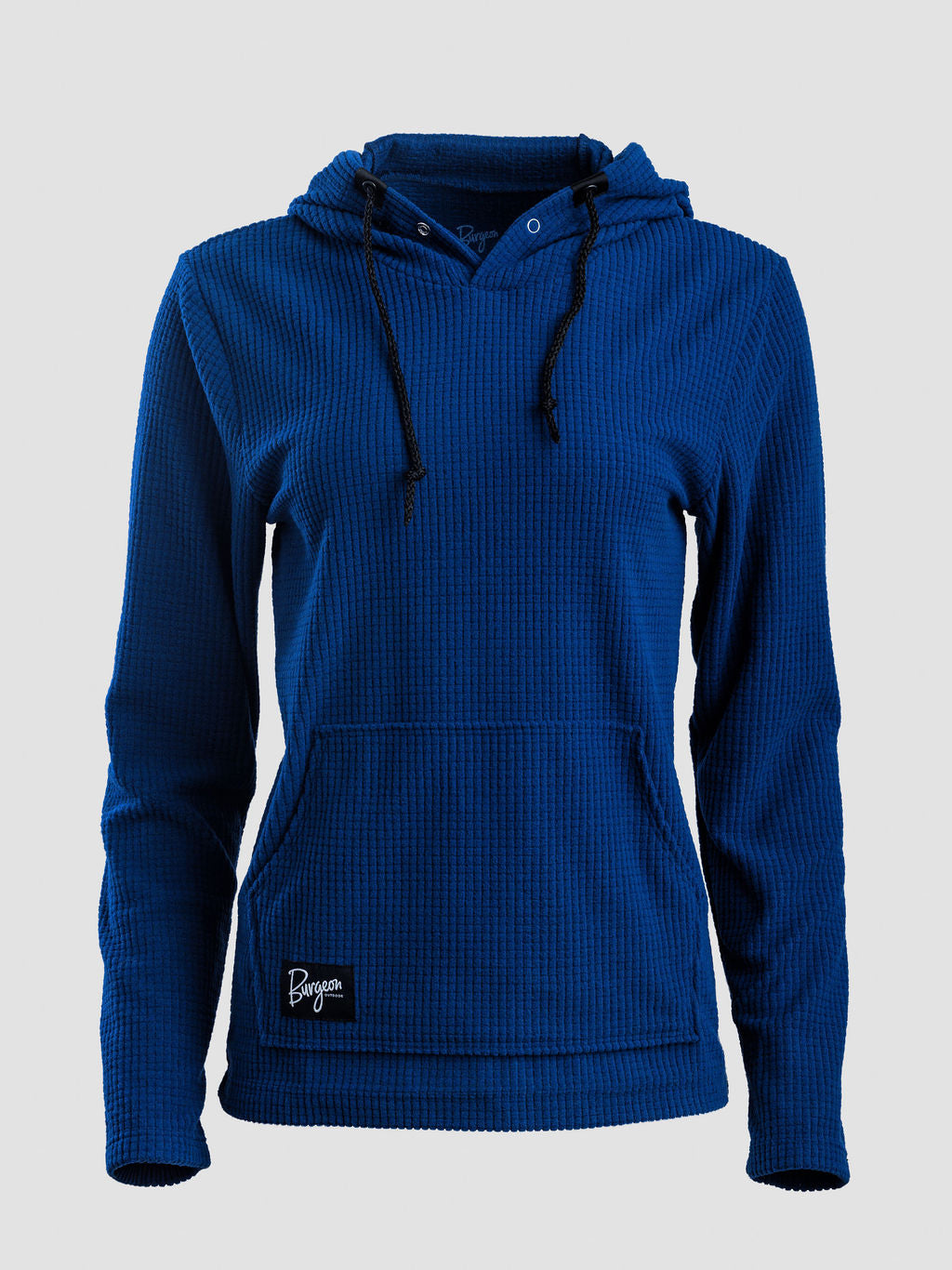 A royal blue Highlander Hoodie with black drawstrings and a black brand patch on the lower left front, displayed on a light gray background.