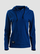 A royal blue Highlander Hoodie with black drawstrings and a black brand patch on the lower left front, displayed on a light gray background.
