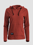 A rust-colored Highlander hoodie with black drawstrings and a small black brand patch on the front pocket, shown against a light gray background.