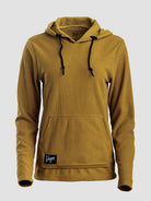 A women's mustard yellow Highlander Hoodie with black drawstrings and a small black 'Doge' brand patch on the front pocket, shown against a light gray background.