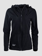 A black waffle-knit zip-up hoodie with a drawstring hood and a small white embroidered logo on the lower left front, shown against a light gray background.