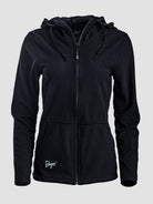 A black waffle-knit zip-up hoodie with a drawstring hood and a small white embroidered logo on the lower left front, shown against a light gray background.