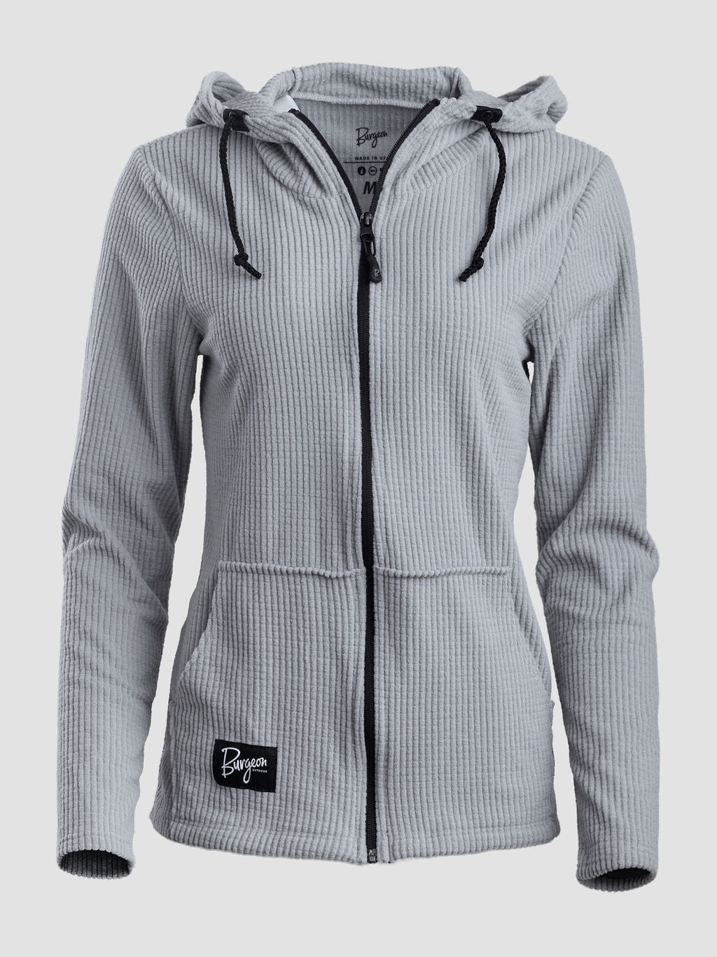 A light gray ribbed zip-up hoodie with black drawstrings and a black front zipper, featuring a small black brand patch on the lower left pocket. The brand 'Burgeon' is visible on the patch and inner label.