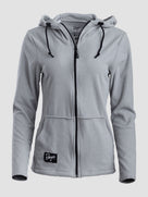A light gray ribbed zip-up hoodie with black drawstrings and a black front zipper, featuring a small black brand patch on the lower left pocket. The brand 'Burgeon' is visible on the patch and inner label.