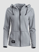 A light gray ribbed zip-up hoodie with black drawstrings and a black front zipper, featuring a small black brand patch on the lower left pocket. The brand 'Burgeon' is visible on the patch and inner label.