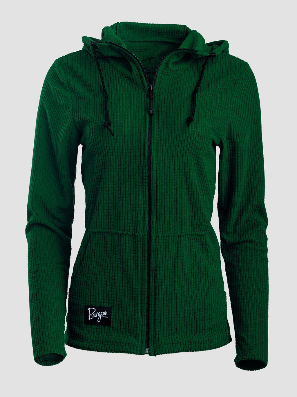 A dark green ribbed zip-up hoodie jacket with a drawstring hood and front pockets, shown on a light gray background. A small black brand patch with white script reading 'Burgeon' is visible near the lower left hem.