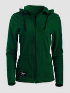 A dark green ribbed zip-up hoodie jacket with a drawstring hood and front pockets, shown on a light gray background. A small black brand patch with white script reading 'Burgeon' is visible near the lower left hem.