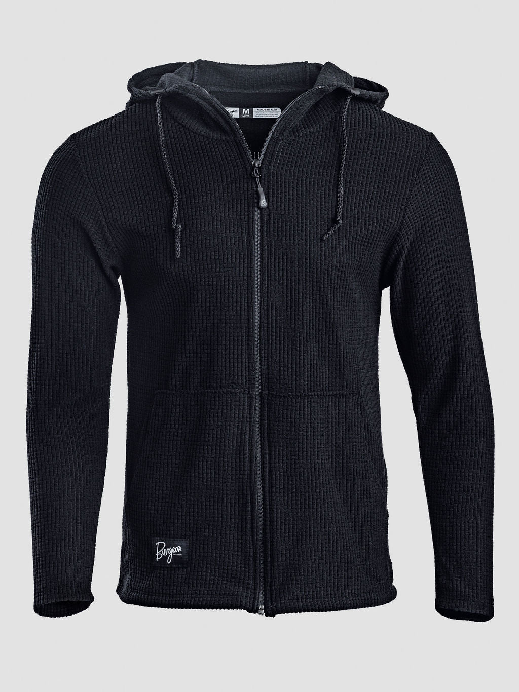 A dark navy blue ribbed zip-up hoodie with a drawstring hood and front pockets, shown against a light gray background.