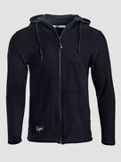 A dark navy blue ribbed zip-up hoodie with a drawstring hood and front pockets, shown against a light gray background.