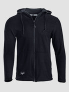 A dark navy blue ribbed zip-up hoodie with a drawstring hood and front pockets, shown against a light gray background.