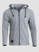 A light gray ribbed zip-up hoodie with black drawstrings and a black zipper, shown on a neutral light gray background.