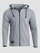 A light gray ribbed zip-up hoodie with black drawstrings and a black zipper, shown on a neutral light gray background.