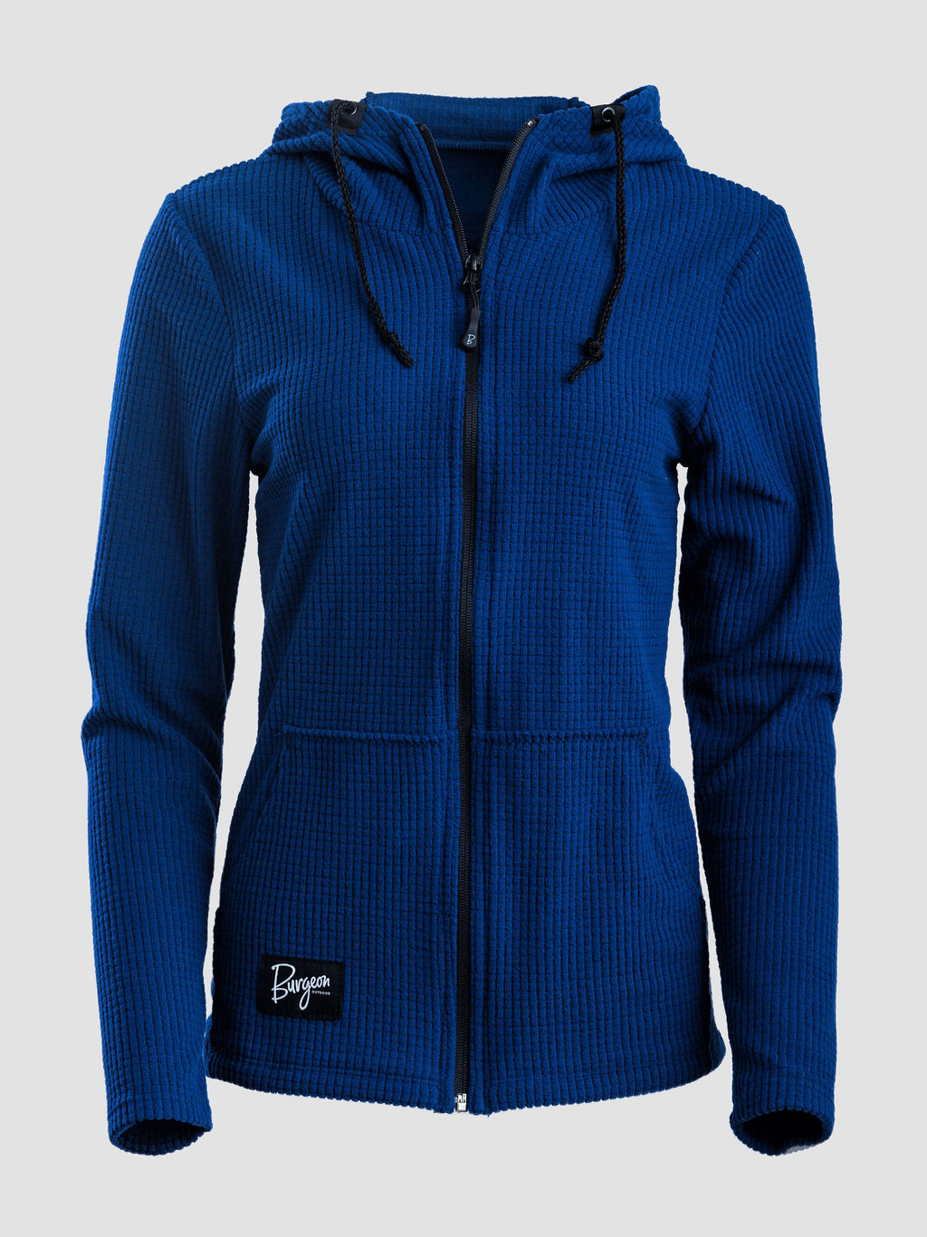 A royal blue ribbed zip-up hoodie with a drawstring hood and a small black 'Burgeon' brand patch on the lower left front, shown against a light gray background.