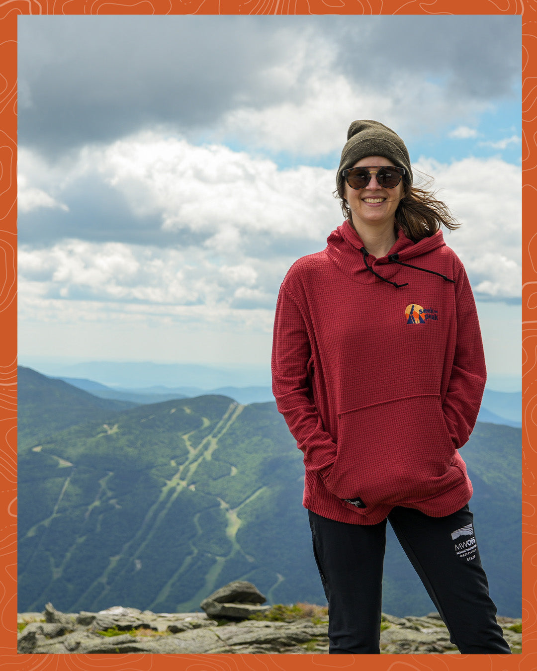 Women's Seek the Peak hoodie on the Peak of Mt Washington!