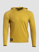 A yellow long-sleeve Sunseeker Hoodie with gray contrast stitching and a small black brand patch near the bottom left hem, shown on a light gray background.