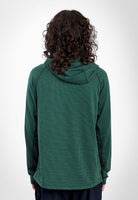 A person viewed from the back wearing a  dark green  long-sleeve Sunseeker Hoodie against a plain light gray studio background.