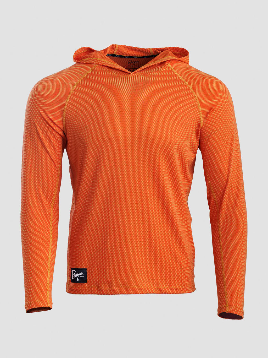 An orange long-sleeve Sunseeker Hoodie shown on a neutral light gray background. 