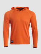 An orange long-sleeve Sunseeker Hoodie shown on a neutral light gray background. 