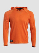 An orange long-sleeve Sunseeker Hoodie shown on a neutral light gray background. 