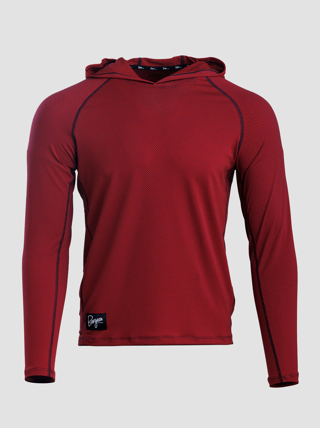 A long-sleeve Sunseeker Hoodie in deep red with dark navy contrast stitching shown against a light gray background.