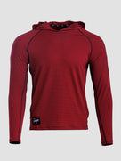 A long-sleeve Sunseeker Hoodie in deep red with dark navy contrast stitching shown against a light gray background.