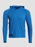 A bright blue long-sleeve Sunseeker Hoodie with black contrast stitching and a small black logo patch on the bottom left, displayed on a neutral light gray background.