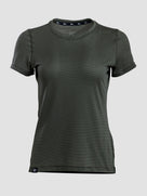 A women's short-sleeve athletic t-shirt in dark olive green, featuring a textured mesh-like fabric and a crew neck, shown against a light gray background.