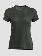 A women's short-sleeve athletic t-shirt in dark olive green, featuring a textured mesh-like fabric and a crew neck, shown against a light gray background.